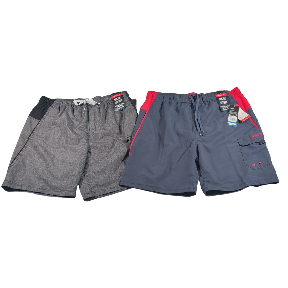 Speedo Swim Trunks Mens XL Gray Navy 2 Pack Board Shorts Polyester UPF 50+ New